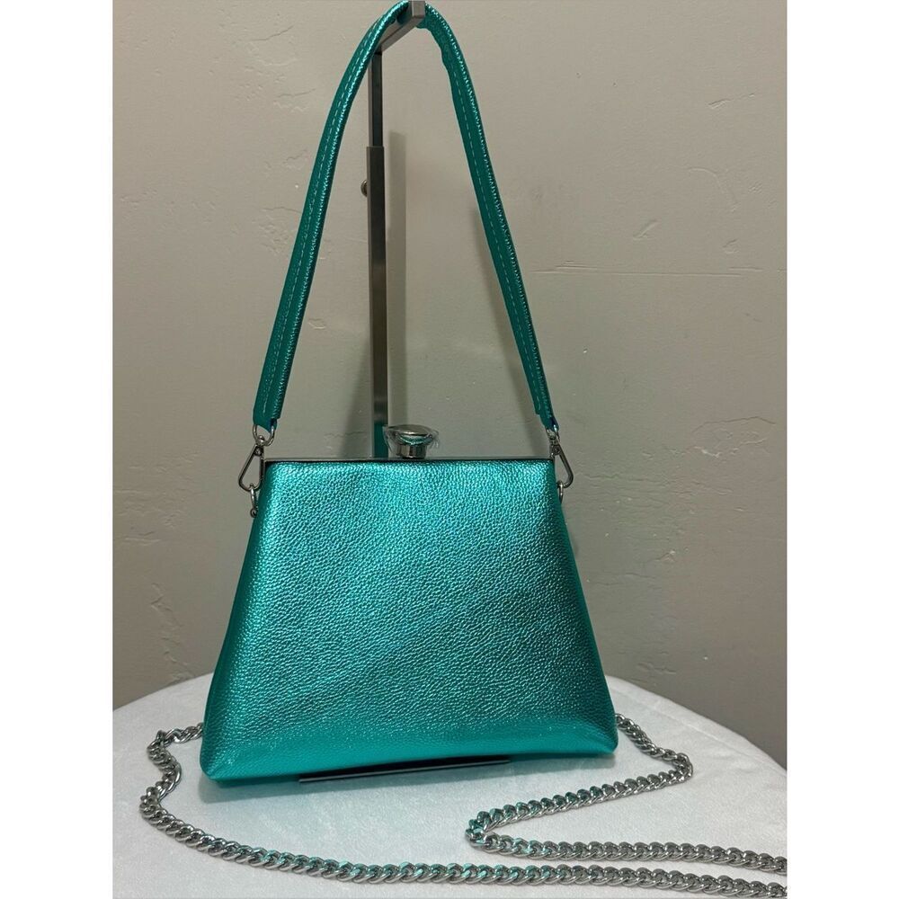 Metallic Blue Genuine Leather Handmade Push Lock Boxy Shoulder Bag, Crossbody